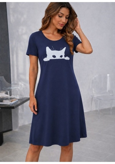 Butik İstanbul Kadın Kısa Kollu Bisiklet Yakalı Kedi Desenli Viskon Kısa Elbise Lacivert