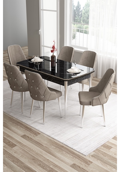 Canisa Tia Serisi 80x132 Mdf Açılabilir Siyah Mermer Desen Krom Detay Mutfak Masası Ve 6 Cappucino Sandalye Masa Siyah Mermer Desen Sandalye Cappucino Canisa Tia Serisi 80x132 Mdf Açılabilir Siyah Mermer Desen Krom Detay Mutfak Masası Ve 6 Cappucino Sandalye Masa Siyah Mermer Desen Sandalye Cappucino