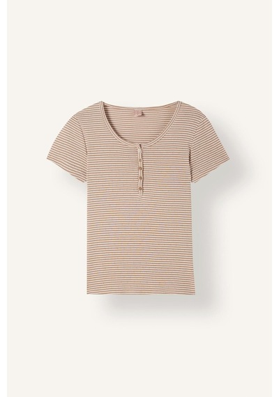 Defacto Regular Fit Çizgili Düğmeli Kısa Kollu 2li Pijama Takımı F9838ax26aubg402 Bej-bg402