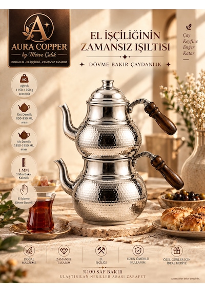 Aura Copper El İşlemeli Bakır Çaydanlık Seti 1 Mm Üst 850-950 Ml Alt 1850-1950 Ml 27 Cm Bakır - Porselen