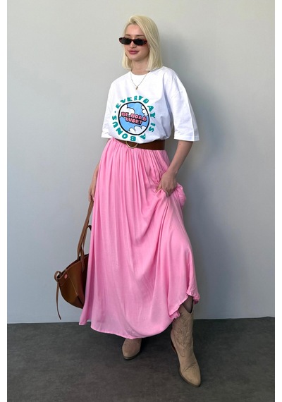 Madmext Pembe Vual Kumaş Basic Kadın Uzun Boy Kadın Etek Mg2366 Pembe