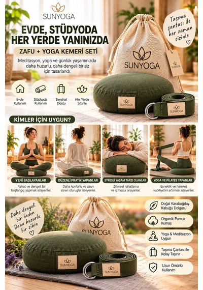 Zafu Meditasyon Minderi + 200 Cm Yoga Kemeri Seti Karabuğday Dolgulu 35x12 Cm Yeşil