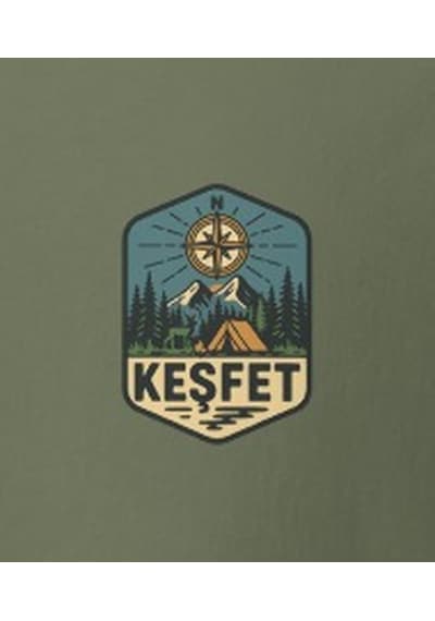 Wildstyle Keşfet Renkli Vintage Dağ Doğa Macera Kamp Rozet Baskılı Unisex Bisiklet Yaka Pamuklu Tişört Haki