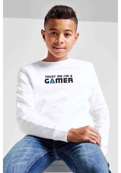 Tshirthane Trusm Me A'M A Gamer Beyaz Baskılı Unisex Çocuk Beyaz Sweatshirt Beyaz