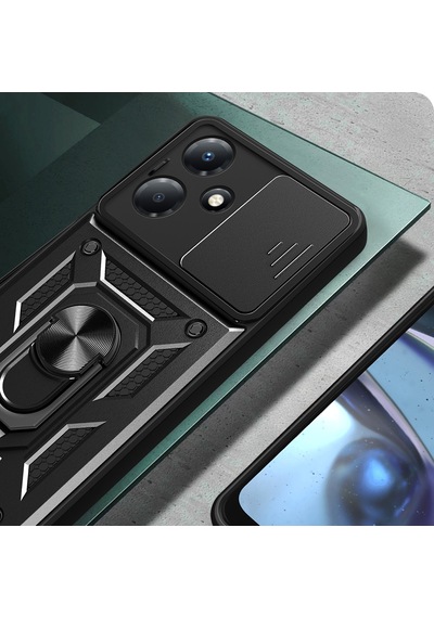 İnfinix Hot 30 Play Kılıf Magnetik Standlı Kamera Korumalı Zore Sürgülü Vega Kapak Siyah