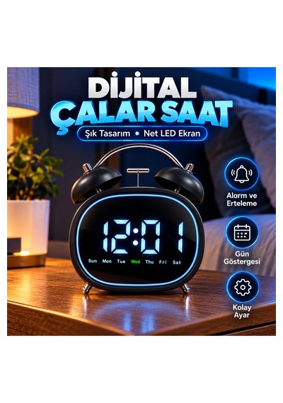 Led Ekranlı Dijital Çalar Saat Alarm Erteleme Gün Göstergeli Şık Tasarım 14x12 Cm Dijital Metal Çalar Saat Pil Siyah