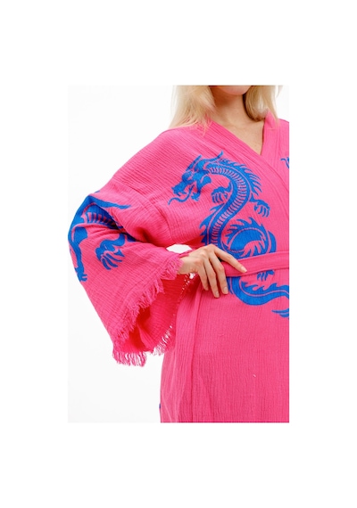 Befera Dragon Müslin Kimono Pamuklu Ejderha Baskılı Desenli Bornoz Kaftan Sabahlık Fuşya