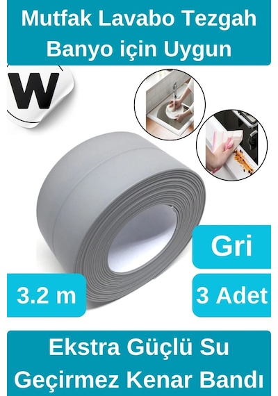 Premium Su Geçirmez Sızdırmaz Küf Yalıtım Banyo Mutfak Lavabo Gri Kenar Şerit Bant 3.2m 3 Adet