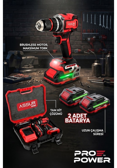 Assur 3095 21V Pro Seri Kömürsüz Çift Akülü Şarjlı Darbeli Matkap