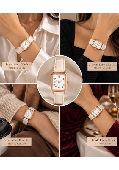 Kadın Kol Saati Rose Gold Kasa, Deri Kordon Beyaz