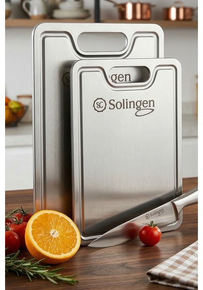 Solingen Paslanmaz Çelik Gıda Dostu Kesme Tahtası 2'li Set Parmak İzi Bırakmaz Inox