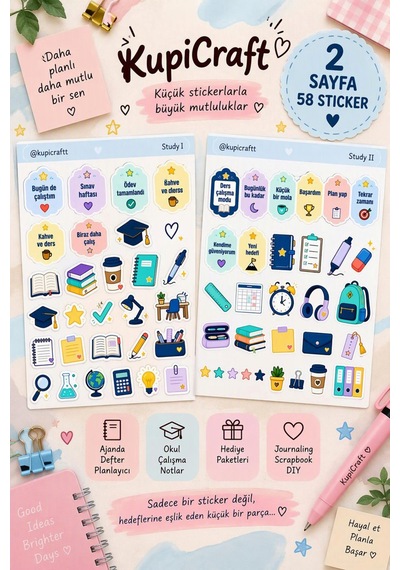 2 Sayfa Study Sticker Seti - Öğrenci- Sınav - Okul - Motivasyon 0