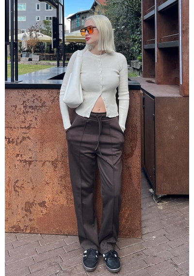 Madmext Kahverengi Beli Ayarlanabilir Geniş Paça Pantolon Mg2215 Kahverengi