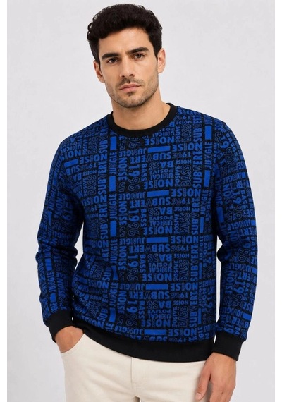 Freedom Storee Erkek Siyah Mavi Yazı Desenli İki İplik Şardonlu Sweatshirt Çok Renkli