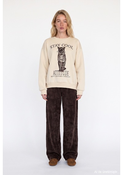 Quzu Baskı Detaylı Sweatshirt Bej