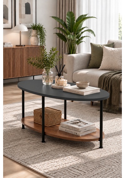 Oval Orta Sehpa 90 Cm İki Katlı Raflı Metal Ayaklı Modern Dekoratif Salon Sehpası Antrasit - Ceviz Oval Orta Sehpa 90 Cm İki Katlı Raflı Metal Ayaklı Modern Dekoratif Salon Sehpası Antrasit - Ceviz
