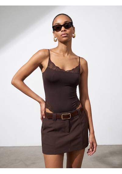 Dilvin 32730 Dantel Detaylı Askılı Bodysuit-koyu Kahve
