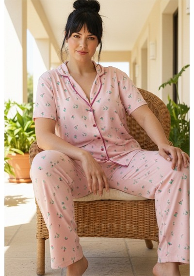 Siyah İnci Büyük Beden Battal Boy Düğmeli Biyeli Viskon Örme Pijama Takım 26120961 Pembe