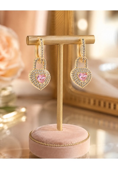 14k Altın Kaplama Kalp Detaylı Pembe Taşlı Zirkon Küpe - Kilit Tasarım Sallantılı Küpe Altın - Pembe