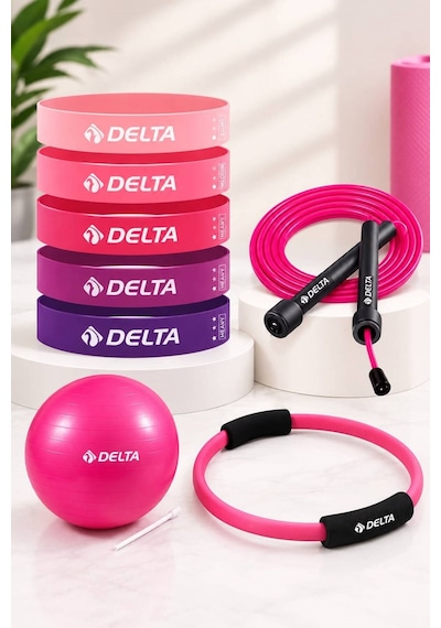 8 Parça Pilates Ve Fitness Seti Mini Pilates Topu, Pilates Çemberi, Ayarlanabilir Atlama İpi Ve 5 Li Direnç Bandı Pembe