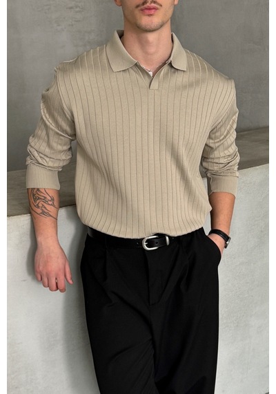 Erkek Polo Yaka Fitilli Oversize Triko Kazak Bej