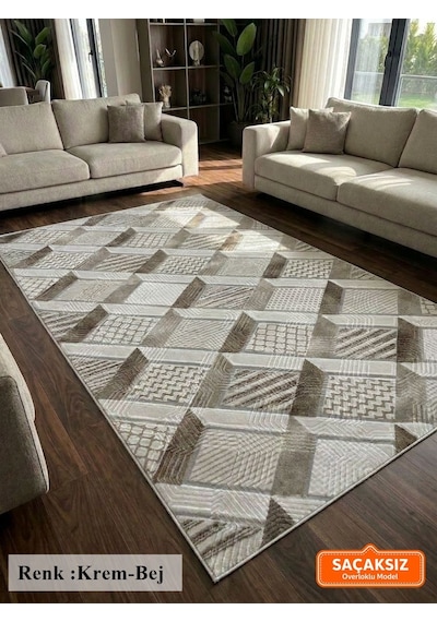 Krem Bej Modern Yıkanabilir Kabartmalı Kaymaz Taban Kesme Halı Yolluk