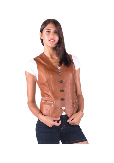 Dericlub Vittoria Kadın Düğmeli Slim Fit Hakiki Deri Yelek Viski Viski Kahverengi