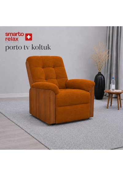 Smarto Relax Porto Tv Koltuğu Elektrikli Masajlı Isıtmalı Döner Sallanan Ahşap Yan Panelli Polyester Kumaş Baba Koltuğu Turuncu