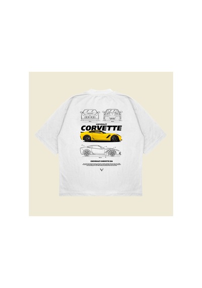 Tarzsokak Chevrolet Corvette Baskılı Oversize Unisex Pamuklu Nefes Alan Kalın Kumaşlı Beyaz