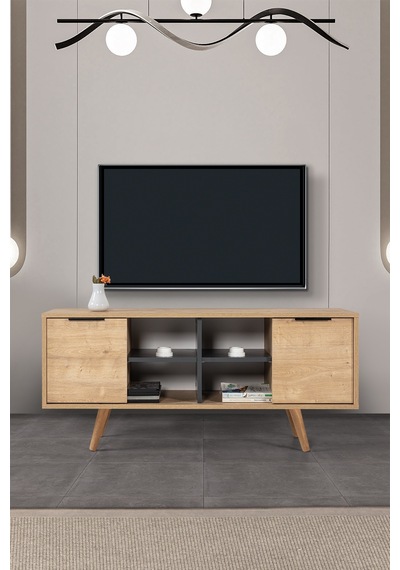 3319 Sina 130 Cm Ahşap Ayaklı , Metal Kulplu Tv Ünitesi , Safir - Antrasit , Tv Sehpası , Salon Safir - Antrasit