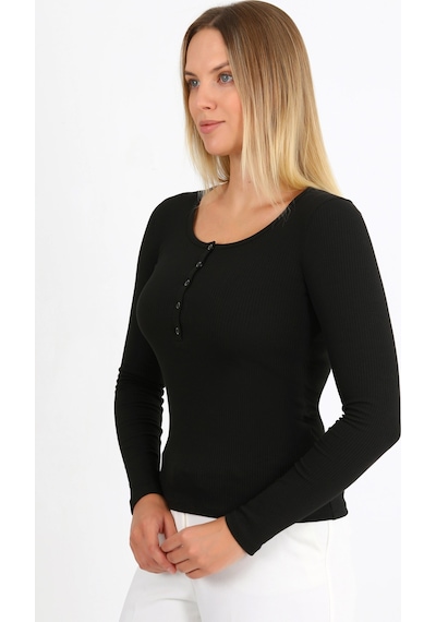 Hdm Kadın Siyah Uzun Kollu Fitilli Patlı Çıtçıtlı Basic Örme Bluz - H6172