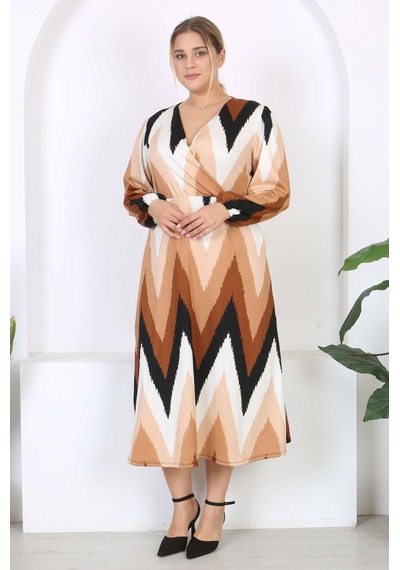 Mooi Xxl Kadın Kahve Zigzag Desen Kruvaze Yaka Balon Kol Maxi Boy Bürümcük Elbise Kahverengi