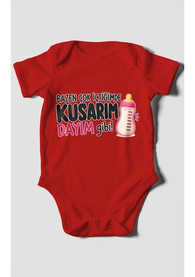 Morivokids Dayıya Özel Kısa Kollu Bebek Body %100 Pamuk Zbn186-kk Kırmızı