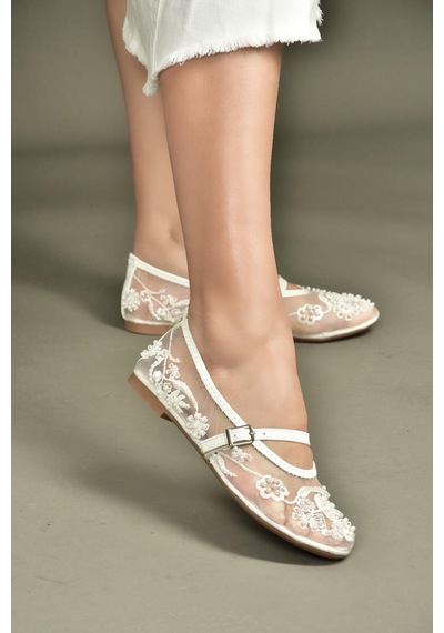 Fox Shoes Y726330115 Beyaz İnci Detaylı File Kadın Babet