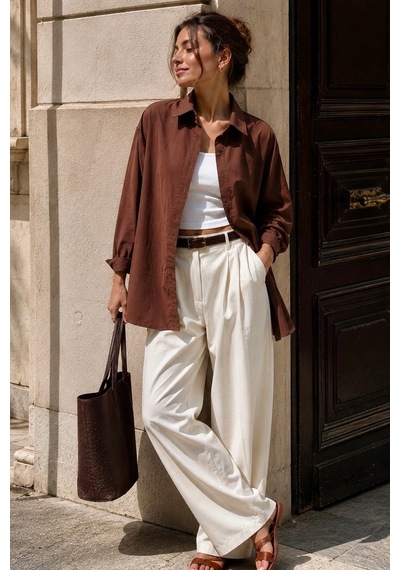 Bb Butik Basic Kadın Oversize Poplin Gömlek Uzun Kollu Basic Gömlek Tr0735 kahverengi