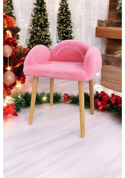 Makyaj Pufu, Pembe Renkli, Dekoratif Puf, Yüksek Ayaklı Puf, Mini Berjer Koltuk Pufu Pembe