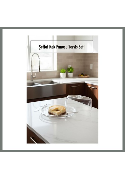 Bezos Şeffaf Akrilik Kek Fanusu Ve Servis Seti 33 X 39 X 14 Cm 4 Parça Mmbz