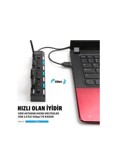 7 Port Usb Hub Çoğaltıcı - Işıklı Ve Açmakapama Anahtarlı Çoklu Usb 2.0 Adaptör Tak&çalıştır