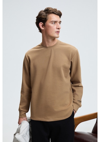 Grimelange EDMUND Erkek Kolu Baskılı Eteği Lastik ve Stoperli Bisiklet Yaka Vizon Sweatshirt