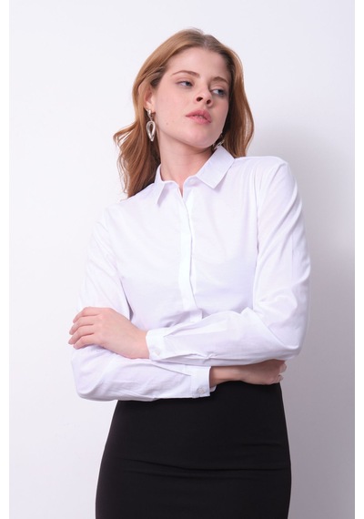Pera Moda Kadın Basic Gizli Düğme Özellikli Gömlek Beyaz