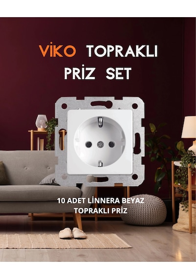 Viko Linnera Beyaz Priz Set 10 Adet Topraklı Priz + 10 Adet Tekli Çerçeve