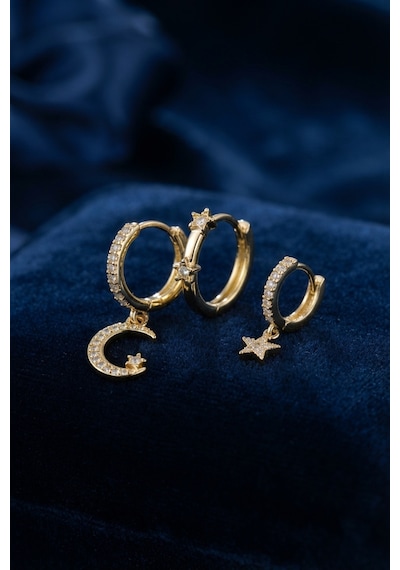 3 Lü Ay Ve Yıldız Model Gold Renk Set Küpe Açık Gold
