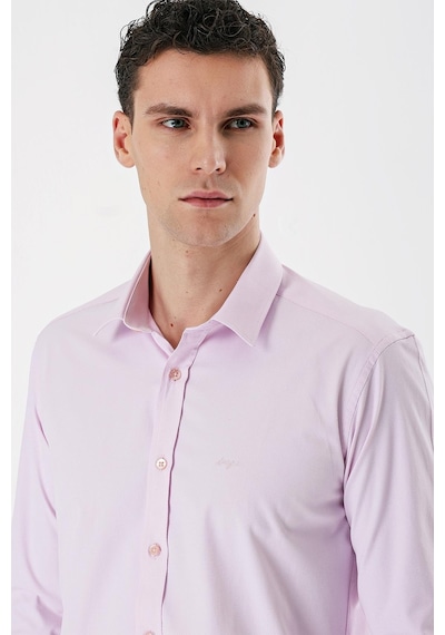İmza Pembe Uzun Kollu Armürlü Cepsiz Pamuklu Likralı Slim Fit Dar Kesim Gömlek 1004240193-pembe Pembe