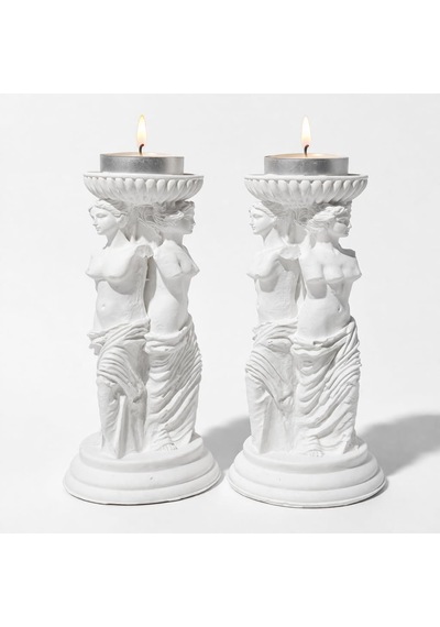 Yunan Üç Güzeller Tealight Mumluk Seti 2 Li, 16 Cm Taş Tozu Beyaz Heykel Mumluk, Antik Mitoloji Ev Dekoru