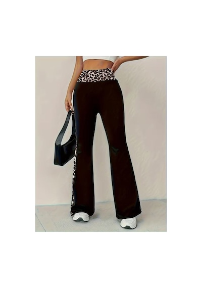 Butik İstanbul Kadın Yüksel Bel Leopar Desen Detaylı Ispanyol Paçalı Dalgıç Pantolon Siyah