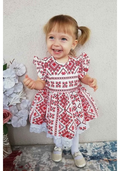Fırfır Detaylı Etnik Desenli Poplin Kırmızı Beyaz Kız Çocuk Bebek Elbise 001
