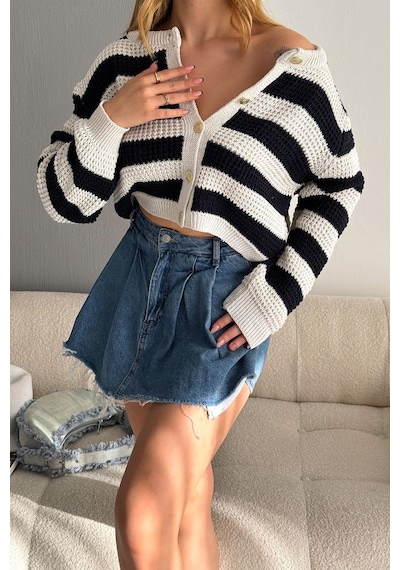 Noa & Noa Kadın Altın Düğmeli Çizgili Triko Hırka Yumuşak Dokulu & Oversize Kesim Ekru
