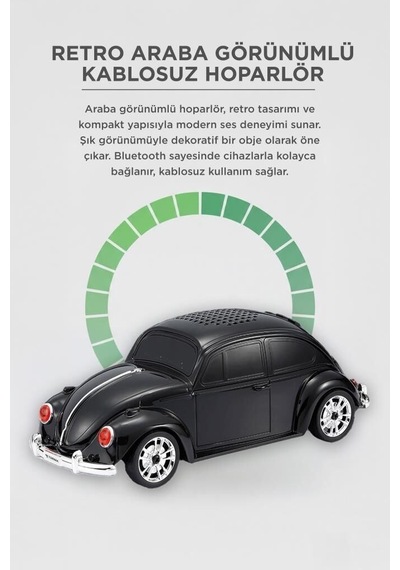 Premium Bluetooth Hoparlör Retro Araba Vosvos D49 Siyah Dekoratif Taşınabilir