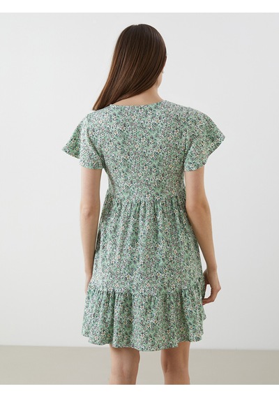 Lcw Comfort Yeşil Bisiklet Yaka Çiçekli Mini Elbise