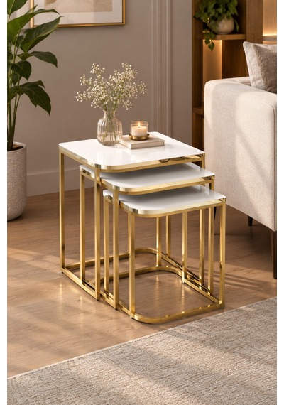 Sulorahome Beyaz 3'lü Zigon Sehpa Seti Gold Metal Ayaklı